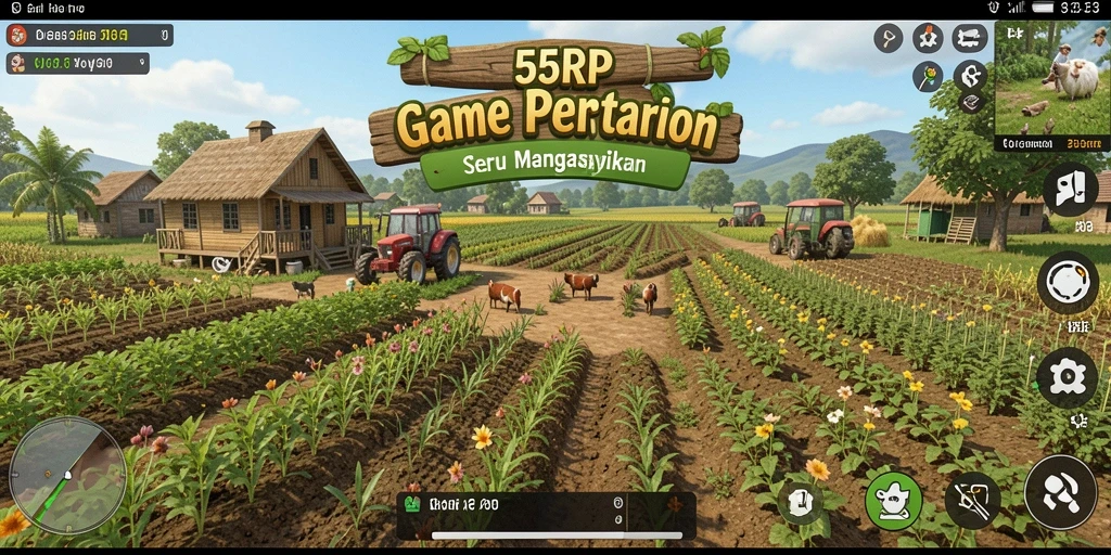 Screenshot gameplay 55RP menampilkan ladang yang subur dan aktivitas bertani.