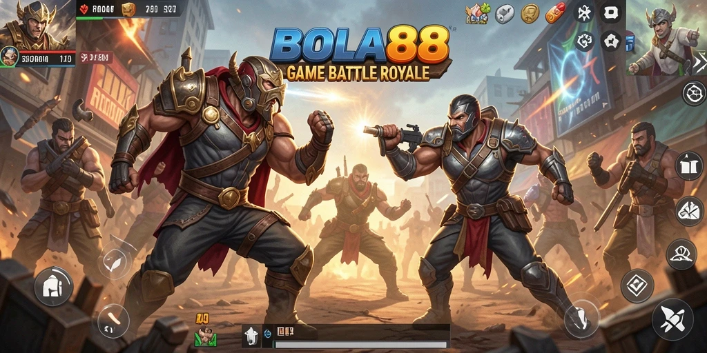 Screenshot BOLA88 menunjukkan pertarungan epik dalam arena Battle Royale.