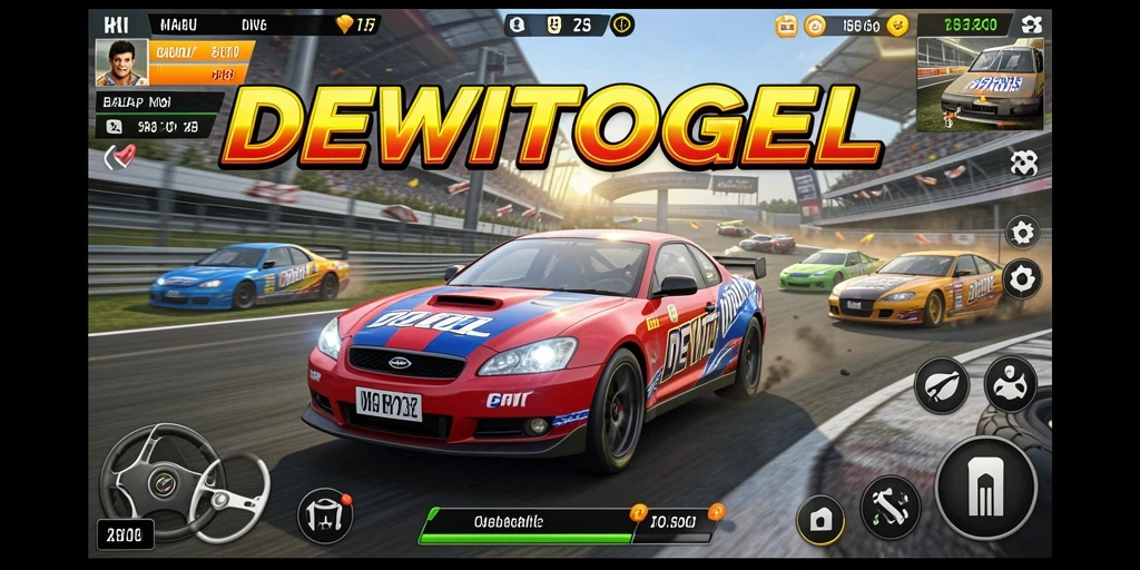 Tampilan gameplay penuh aksi DEWITOGEL saat balapan di lintasan yang menantang.