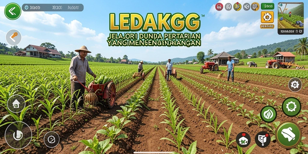 Screenshot utama LEDAKGG menampilkan pertanian yang subur dan berwarna-warni.