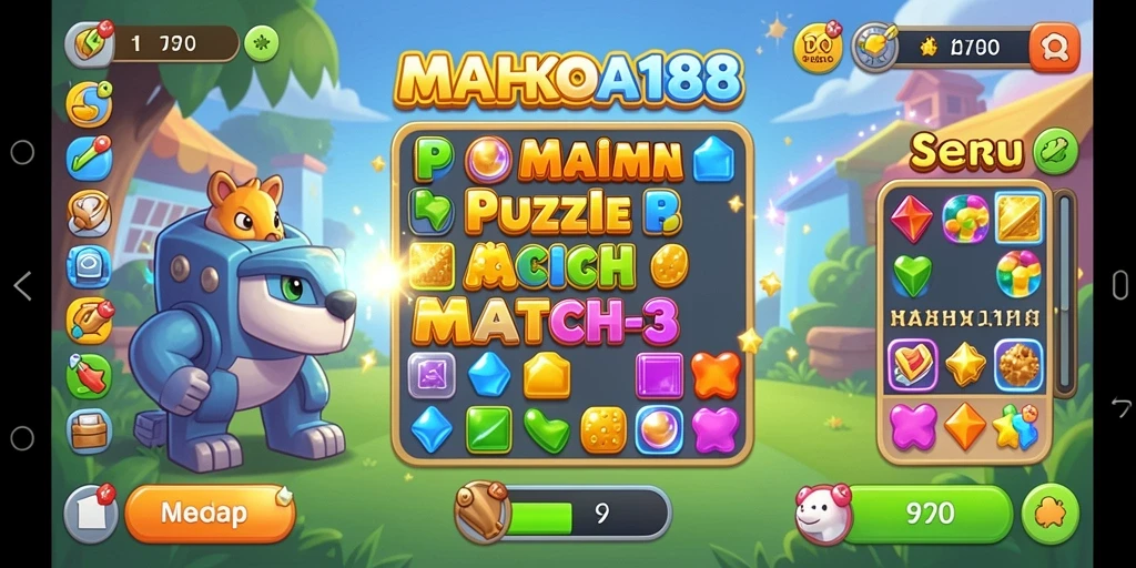 Tampilan gameplay seru pada MAHKOTA188 dengan kombinasi match-3 yang menarik.