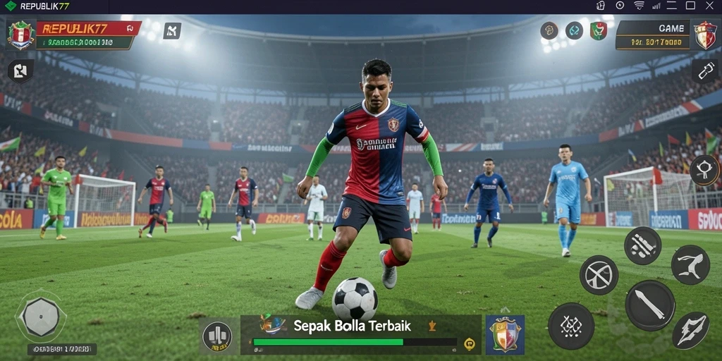 Screenshot gameplay REPUBLIK77 menampilkan aksi seru di lapangan sepak bola.