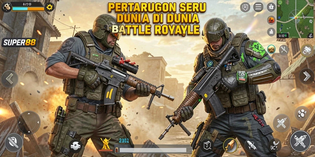 Screenshot dari gameplay SUPER88 yang menampilkan aksi pertempuran intens di arena.