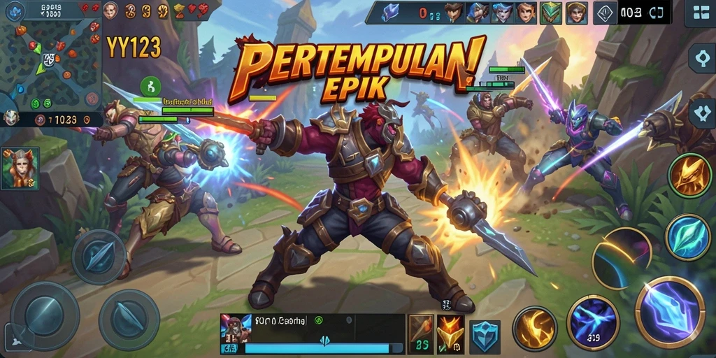 Screenshot utama YY123 menampilkan aksi pertempuran MOBA yang epik.